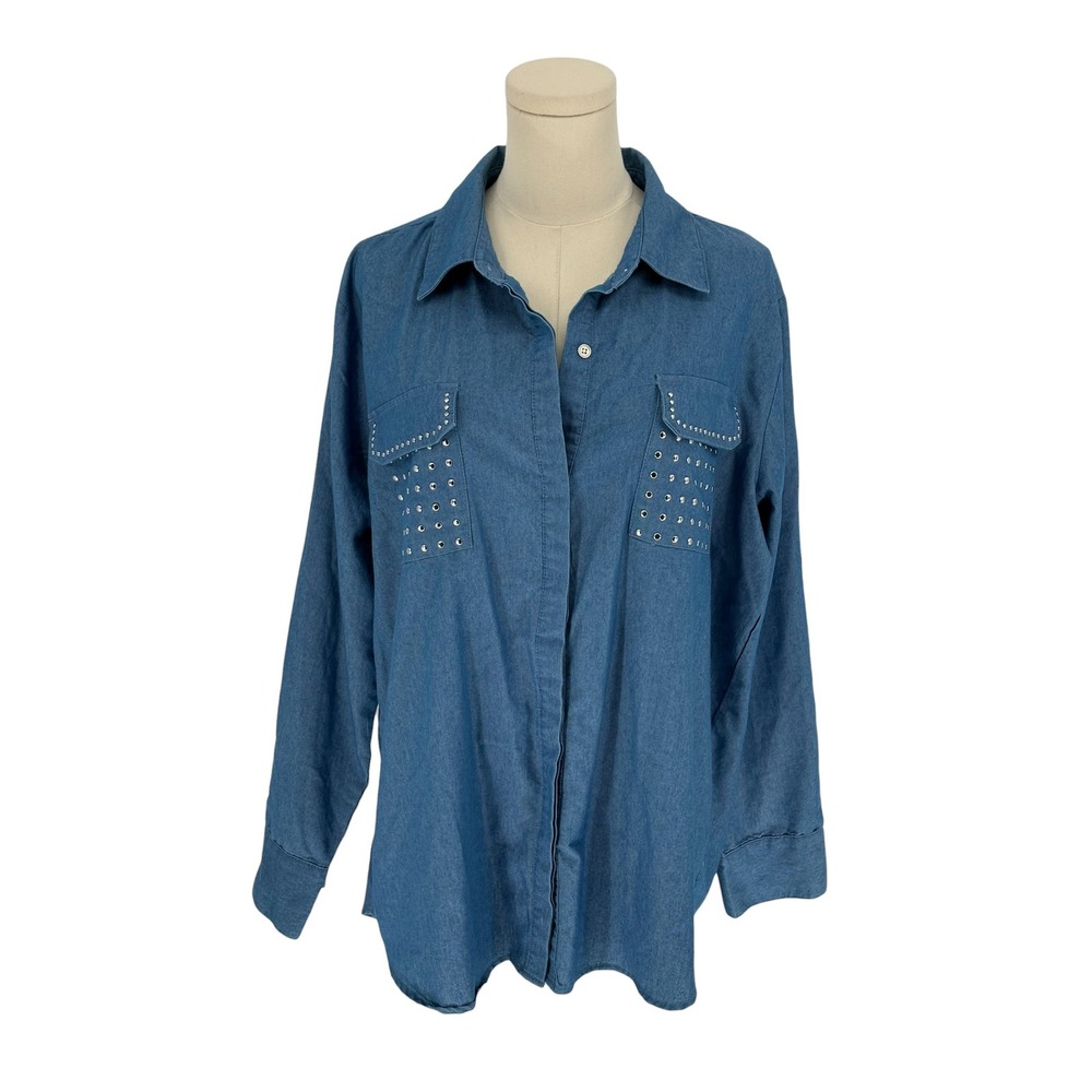 NY Collection Shirt Blue Studded Pockets 100% Cotton 1X